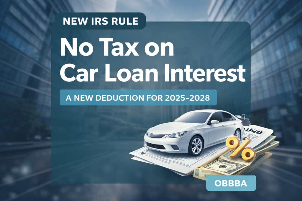 A modern fintech-style illustration representing the new IRS rule “No Tax on Car Loan Interest,” showing a personal vehicle financed with a loan, tax documents, and interest symbols, highlighting the new federal auto loan interest deduction under the OBBBA for 2025–2028.