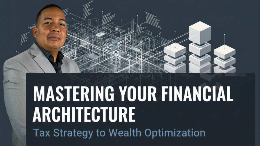Financial strategist presenting advanced tax planning and financial architecture concepts using institutional blueprint-style wealth structures.