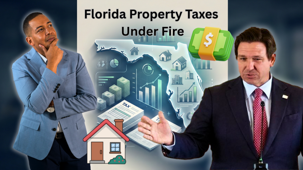 Florida property taxes under fire with state map, housing icons, tax documents, financial charts, and two public figures discussing policy impact on homeowners and government revenue.