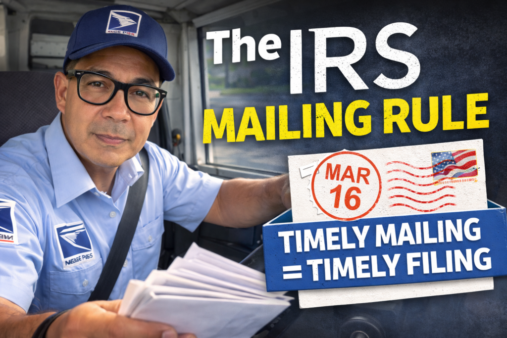 Tax professional dressed as a USPS mail carrier explaining the IRS mailing rule showing March 16 deadline and the concept “Timely Mailing Equals Timely Filing” for business tax returns.