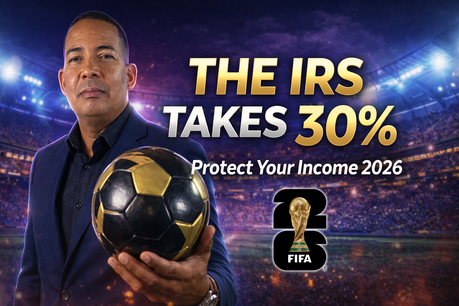 Hispanic tax consultant holding a soccer ball in a stadium promoting World Cup 2026 tax strategy and IRS withholding planning